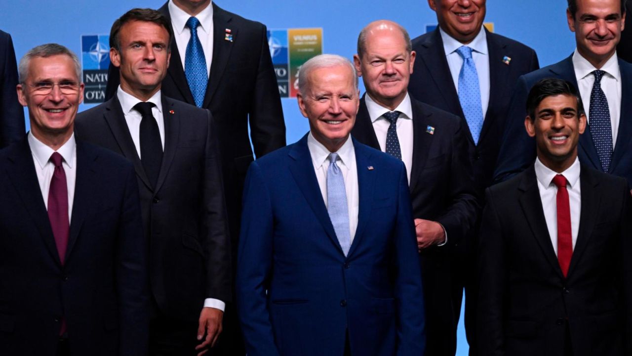 Participants of the NATO Summit pose for an official photo in Vilnius, Lithuania, on July 11, 2023.