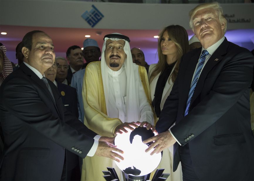 From right, President Trump, first lady Melania Trump, Saudi King Salman bin Abdulaziz Al Saud and Egyptian President Abdel Fattah el-Sisi attend an inauguration ceremony for the Global Center for Combating Extremist Ideology. The facility is in Riyadh, Saudi Arabia. <a href=