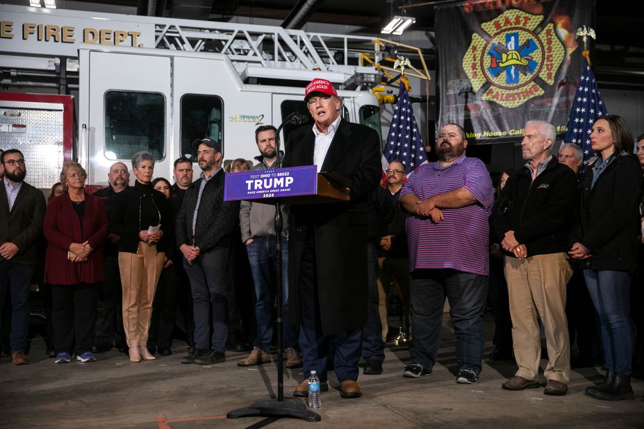 Trump delivers remarks at a fire station in East Palestine, Ohio, in February 2023. Trump has criticized the Biden administration's handling of the train derailment disaster in East Palestine.